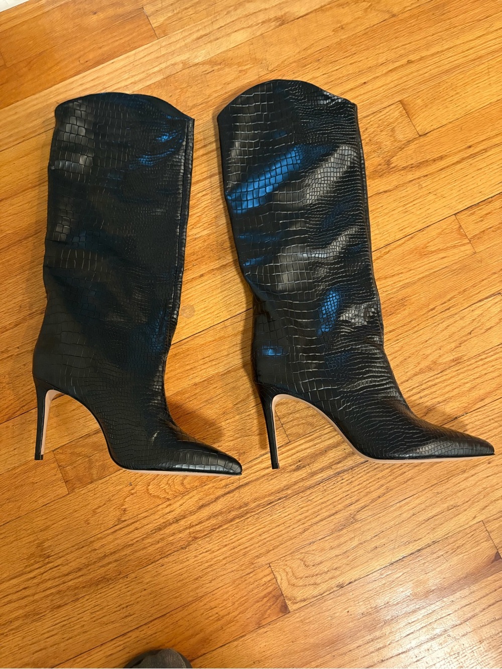 SCHUTZ Black Croc-Embossed Pointed-Toe Stiletto Knee Boots
